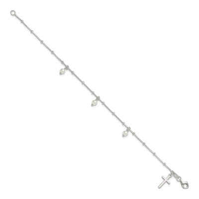 Sterling Silver Simulated Pearl Cross Bracelet – view 2