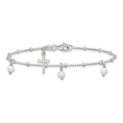Sterling Silver Simulated Pearl Cross Bracelet – view 3