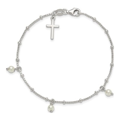 Sterling Silver Simulated Pearl Cross Bracelet – view 4
