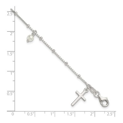 Sterling Silver Simulated Pearl Cross Bracelet – view 5