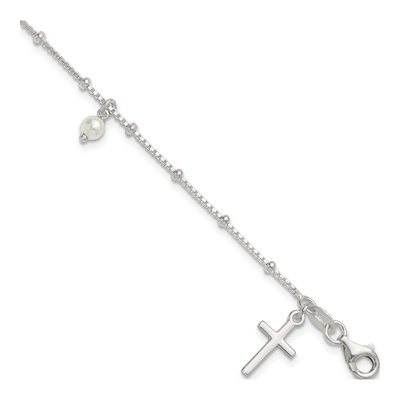 Sterling Silver Simulated Pearl Cross Bracelet