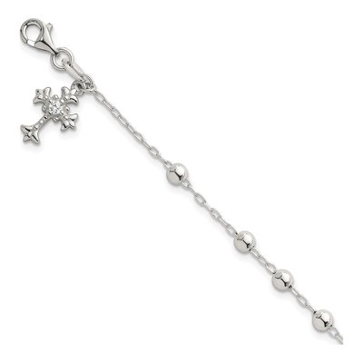 Sterling Silver CZ Fleur de Lis Cross Bracelet
