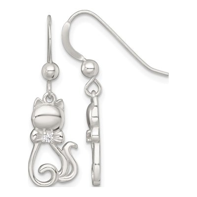 Sterling Silver CZ Cat Silhouette Bowtie Dangle Earrings