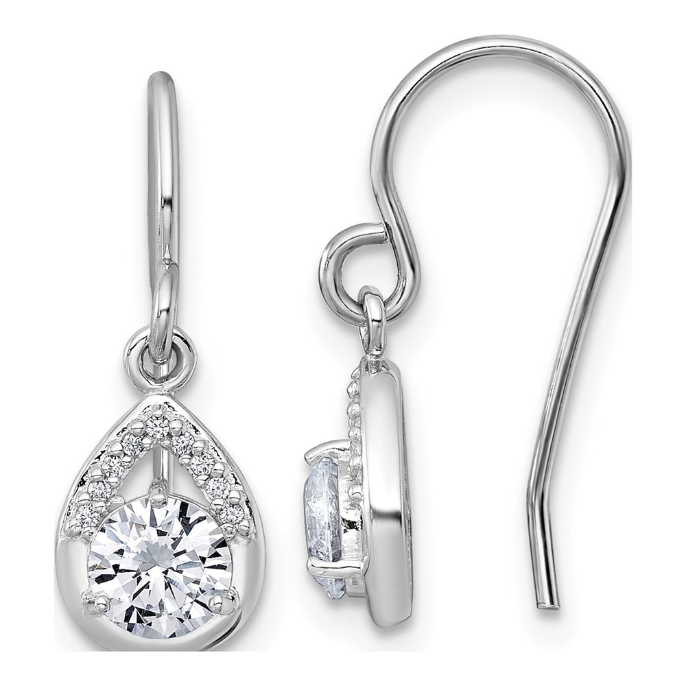 Sterling Silver Rhodium-Plated Polished Round Cz Teardrop Dangle Shepherd Hook Earrings