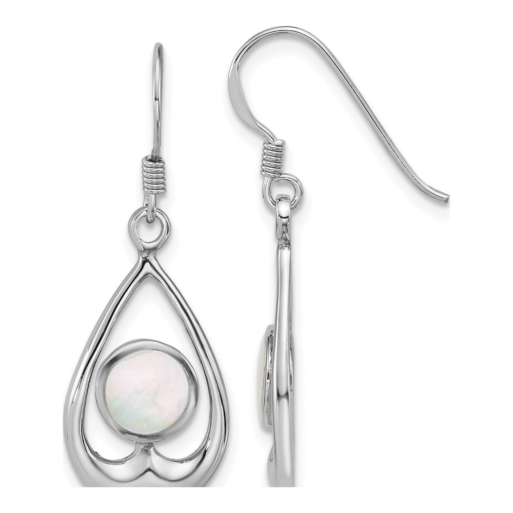 Sterling Silver Rhodium-Plated Polished Round Mother Of Pearl In Teardrop Dangle Shepherd Hook Earrings