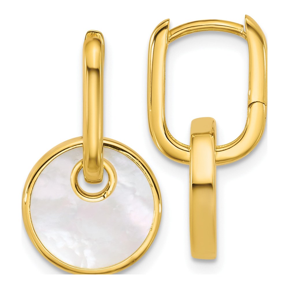 Sterling Silver Gold-Plated Polished Mother Of Pearl Circle Drop Hinged Hoop Earrings