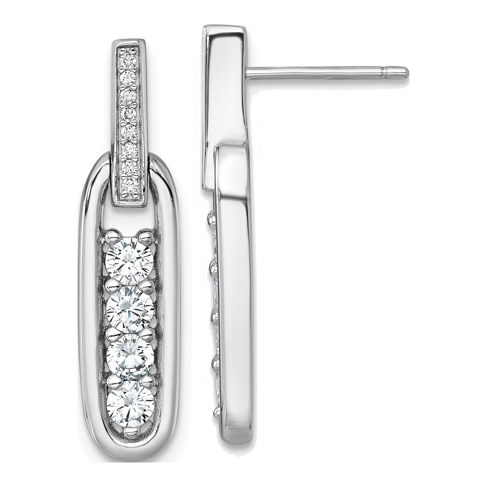 Sterling Silver Rhodium-Plated Polished Cz Elongated Oval Post Dangle Earrings