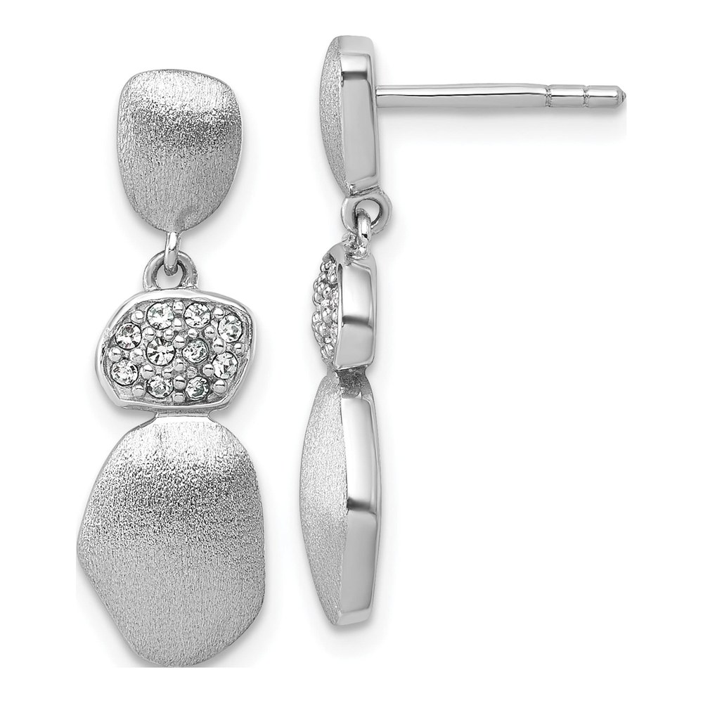 Sterling Silver Rhodium-Plated Brushed And Polished Crystal Dangle Post Earrings