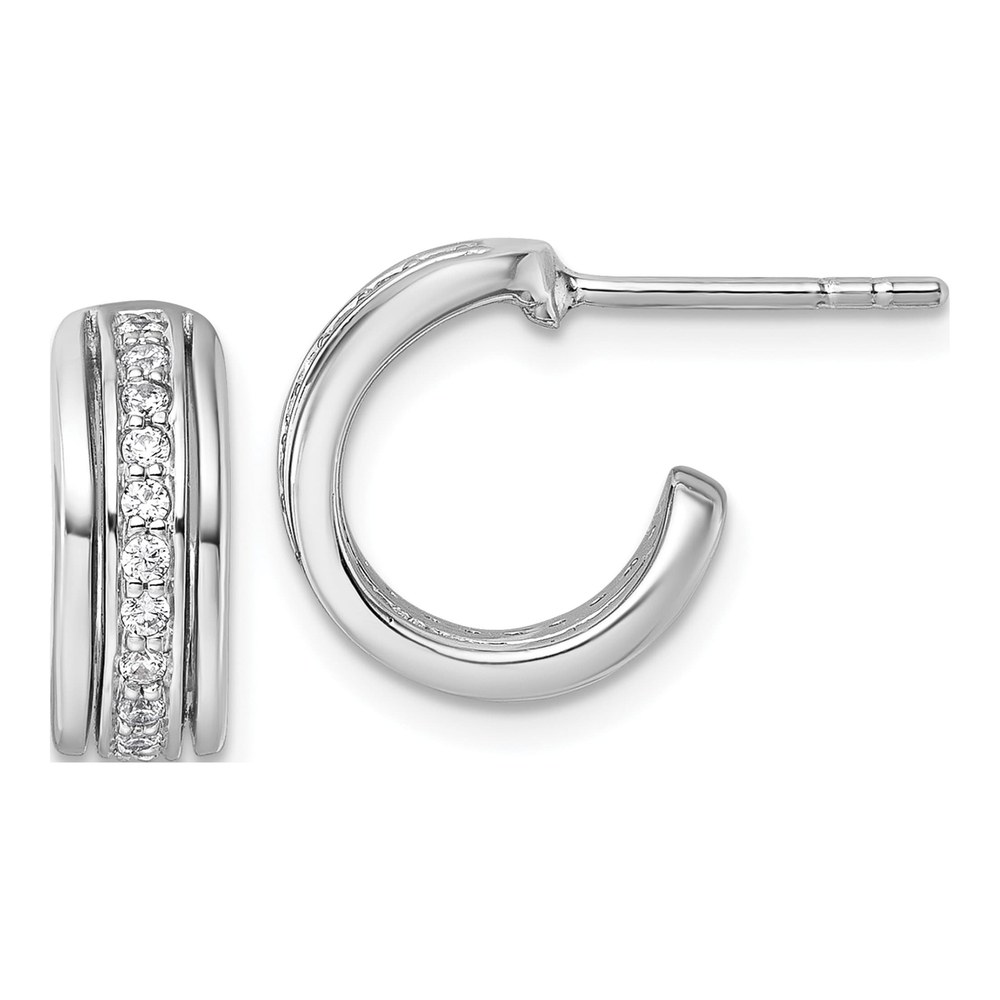 Sterling Silver Rhodium-Plated Polished White Cz J-Hoop Post Earrings