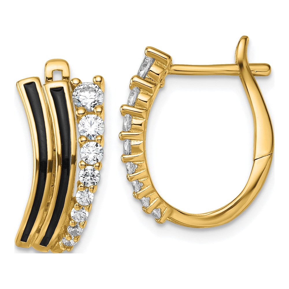 Sterling Silver Gold-Tone Black Enamel And Cz Hinged Hoop Earrings