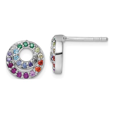 Sterling Silver CZ Rainbow Double Circle Stud Earrings