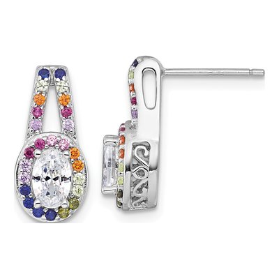 Sterling Silver CZ Rainbow Oval Halo Stud Earrings
