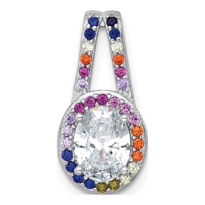 Sterling Silver CZ Rainbow Oval Halo Slide Pendant