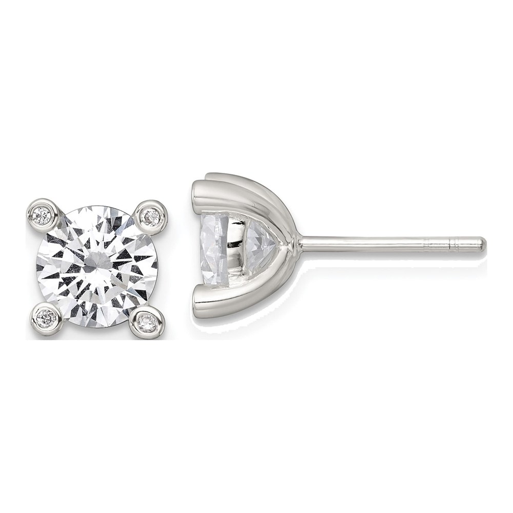 Sterling Silver Polished Cz With 4 Cz Prongs Post Earrings