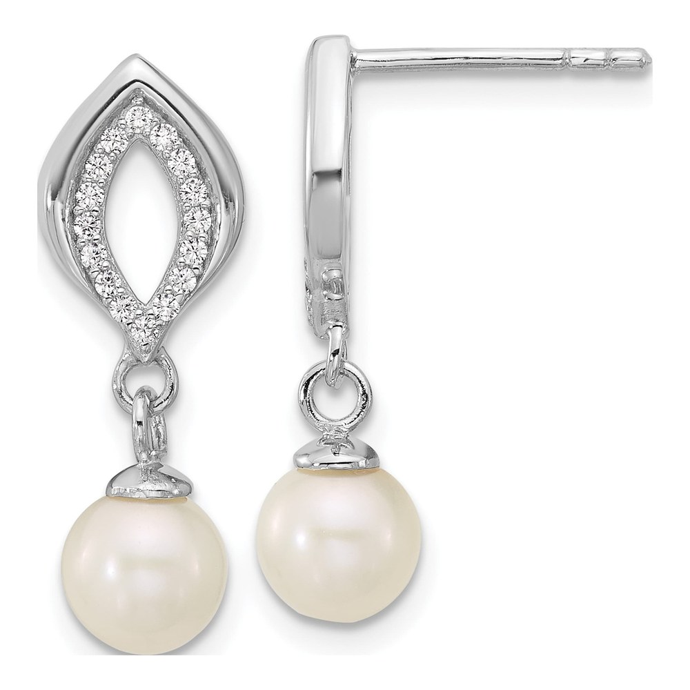 Sterling Silver Rhodium-Plated Polished Cz And 5-6mm Freshwater Cultured Pearl Dangle Post Earrings
