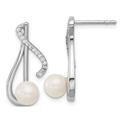 Sterling Silver Freshwater Cultured Pearl & CZ Swirl Dangle Earrings