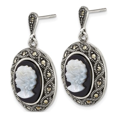Sterling Silver Agate & Mother of Pearl Marcasite Cameo Dangle Earrings – view 2
