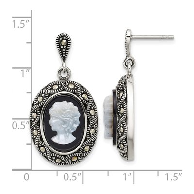 Sterling Silver Agate & Mother of Pearl Marcasite Cameo Dangle Earrings – view 3