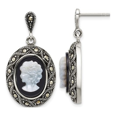Sterling Silver Agate & Mother of Pearl Marcasite Cameo Dangle Earrings