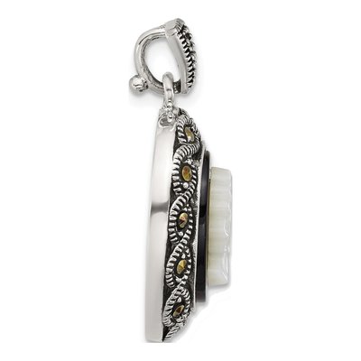 Sterling Silver Agate & Mother of Pearl Marcasite Cameo Pendant – view 2