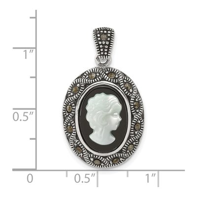 Sterling Silver Agate & Mother of Pearl Marcasite Cameo Pendant – view 4