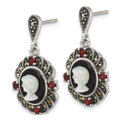 Sterling Silver Garnet & Agate Cameo Dangle Earrings – view 2