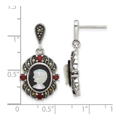 Sterling Silver Garnet & Agate Cameo Dangle Earrings – view 3