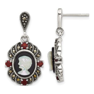 Sterling Silver Garnet & Agate Cameo Dangle Earrings
