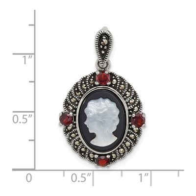 Sterling Silver Garnet & Agate Marcasite Cameo Pendant – view 4