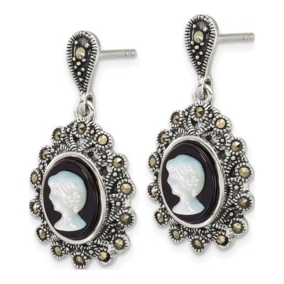 Sterling Silver Agate & Mother of Pearl Marcasite Cameo Dangle Earrings – view 2
