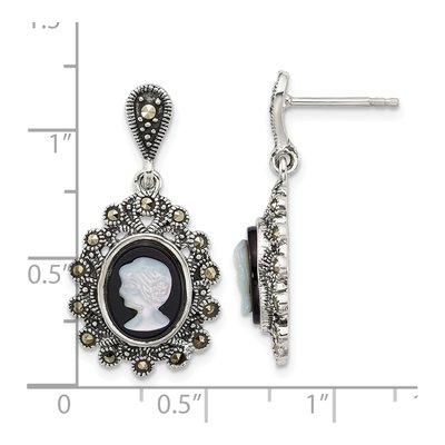 Sterling Silver Agate & Mother of Pearl Marcasite Cameo Dangle Earrings – view 3