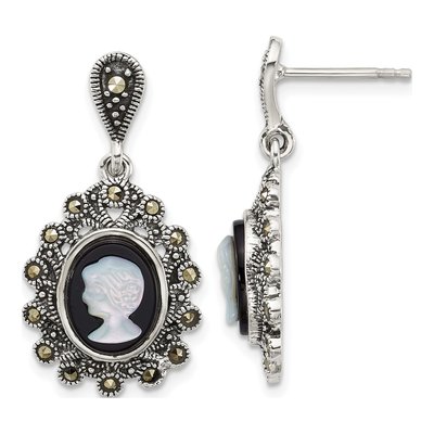 Sterling Silver Agate & Mother of Pearl Marcasite Cameo Dangle Earrings