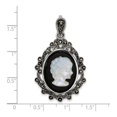 Sterling Silver Agate & Mother of Pearl Marcasite Cameo Pendant – view 4