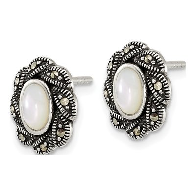 Sterling Silver Oval Mother of Pearl Marcasite Stud Earrings – view 2