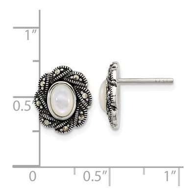 Sterling Silver Oval Mother of Pearl Marcasite Stud Earrings – view 3