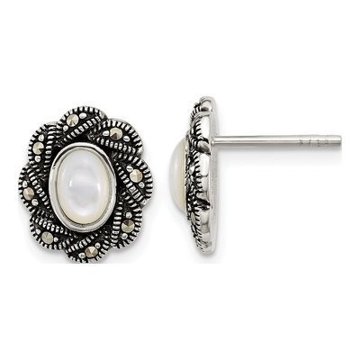 Sterling Silver Oval Mother of Pearl Marcasite Stud Earrings