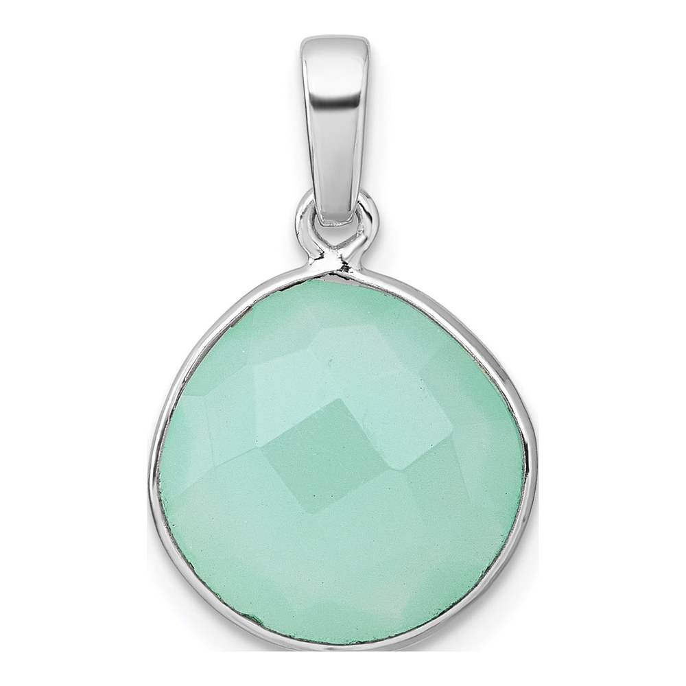 Sterling Silver Rhodium-Plated Polished Round Checker-Cut Green Chalcedony Pendant
