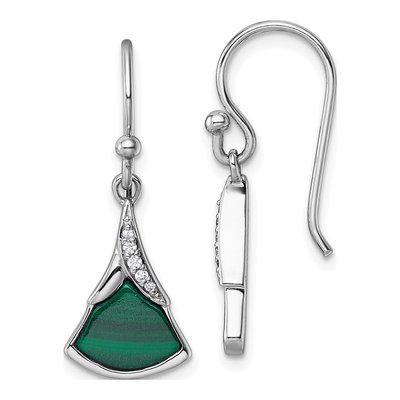 Sterling Silver CZ Malachite Fan Dangle Earrings