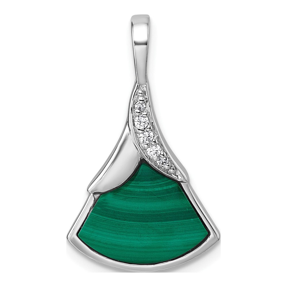 Sterling Silver Rhodium-Plated Polished White Cz And Malachite Fan Pendant