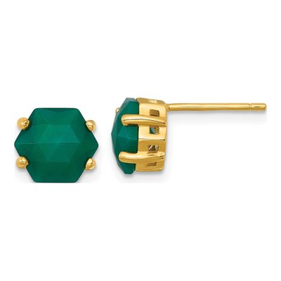Gold-Plated Sterling Silver Hexagon Green Chalcedony Stud Earrings