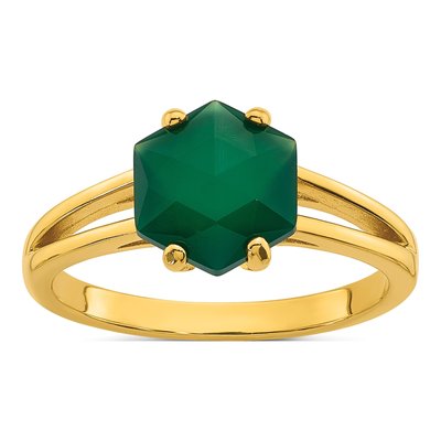 Gold-Plated Sterling Silver Green Chalcedony Hexagon Ring