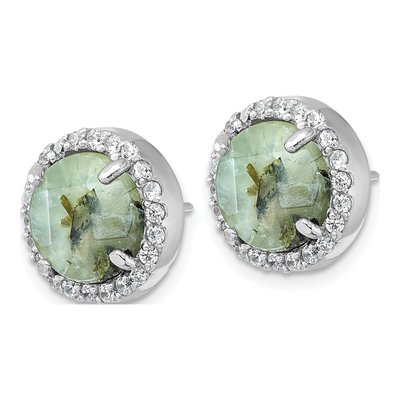 Sterling Silver CZ Halo Prehnite Circle Stud Earrings – view 3