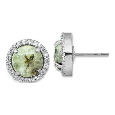Sterling Silver CZ Halo Prehnite Circle Stud Earrings