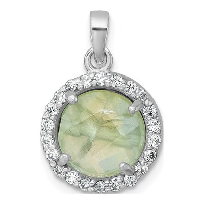 Sterling Silver CZ Halo Prehnite Circle Pendant