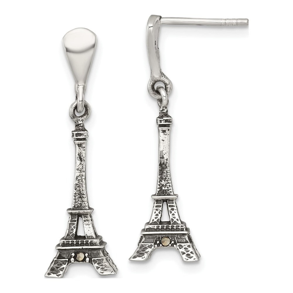 Sterling Silver Antiqued Marcasite 3-D Eiffel Tower Dangle Post Earrings