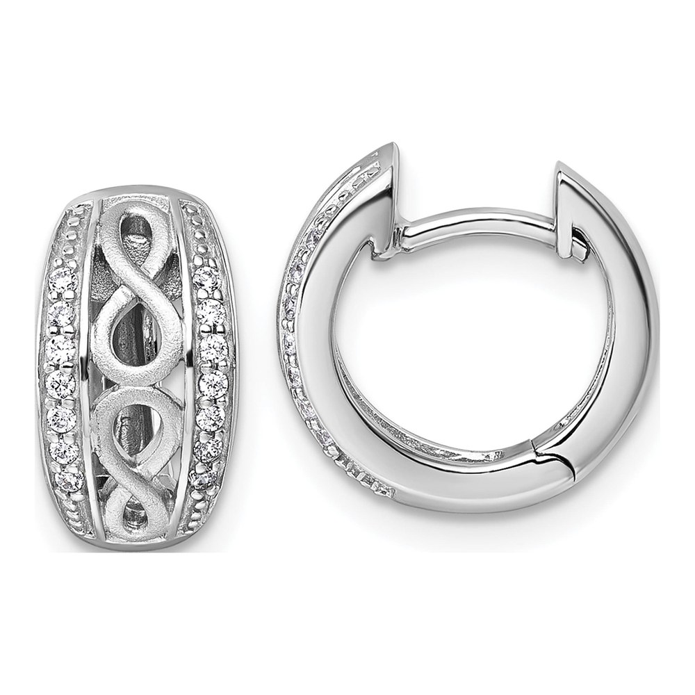 Sterling Silver Rhodium-Plated Polished And Satin Cz Infinity Round Hinged Hoop Earrings