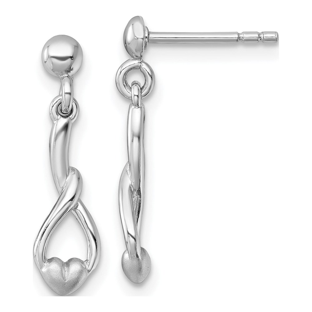 Sterling Silver Rhodium-Plated Polished And Brushed Fancy Teardrop Heart Dangle Post Earrings