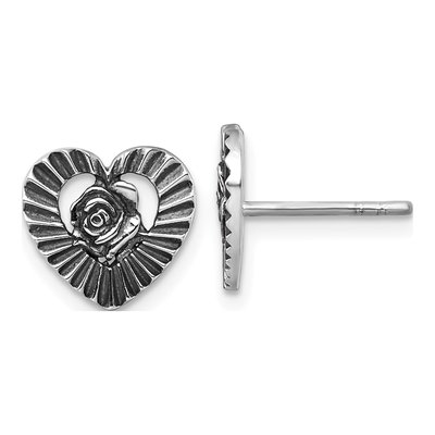 Sterling Silver Open Heart Flower Stud Earrings