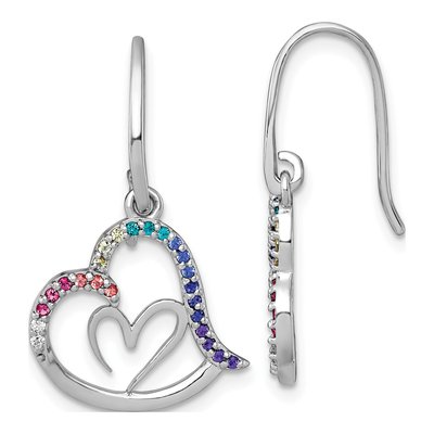 Sterling Silver Crystal Rainbow Double Heart Dangle Earrings