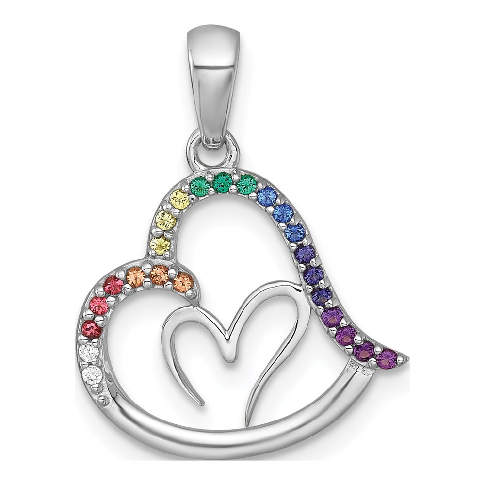 Sterling Silver Rhodium-Plated Polished Rainbow Nano Crystals Double Heart Pendant